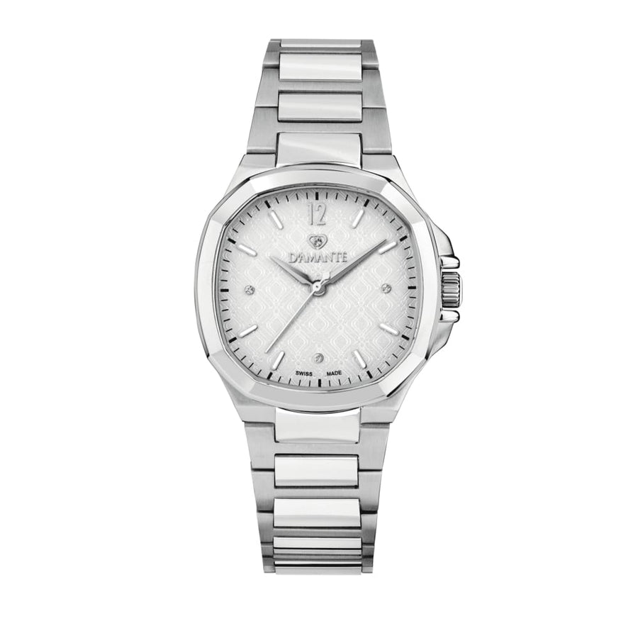 D'Amante Faceted Women's Watch – White Guilloche' Dial, 37 mm