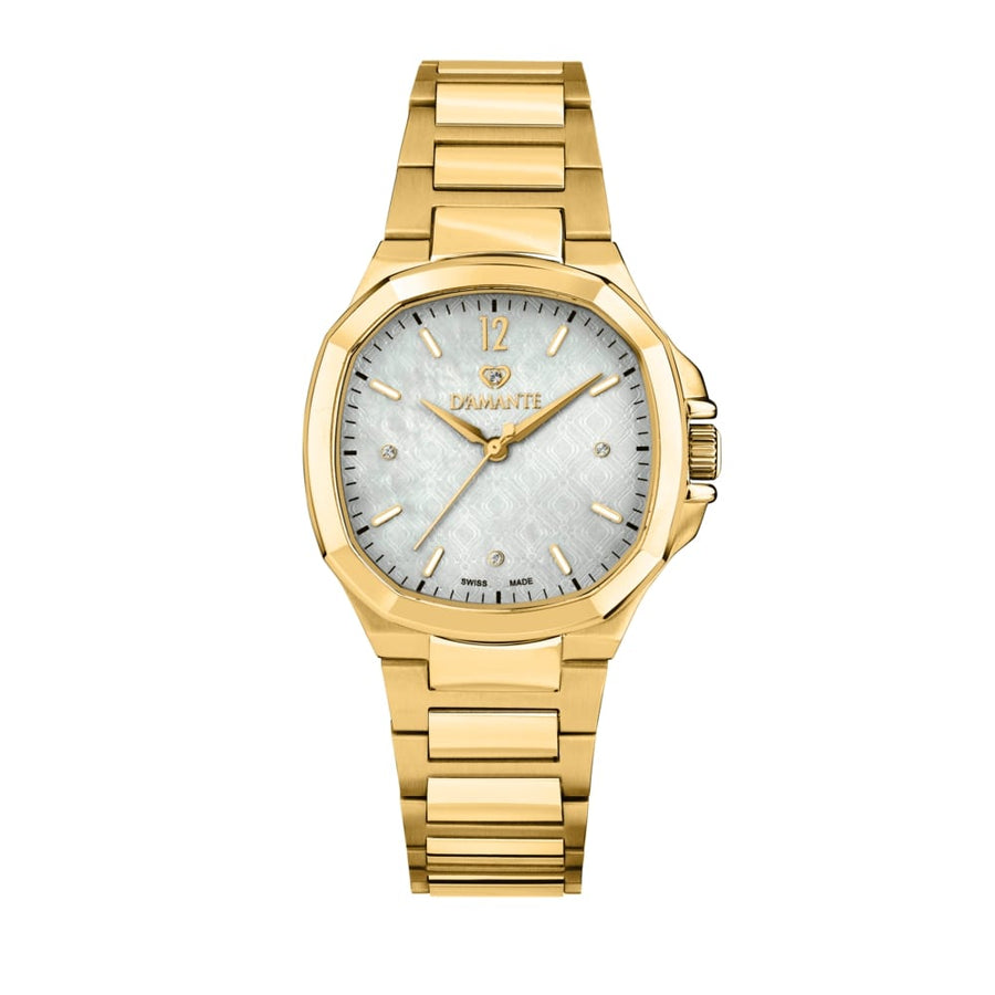 D'Amante Faceted Women's Watch – White Guilloche' Dial, 37 mm
